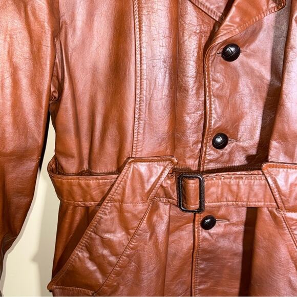 VINTAGE DE LONG 70s Brown Cowhide Glove Leather belted mob wife trench coat XL - Picture 4 of 8